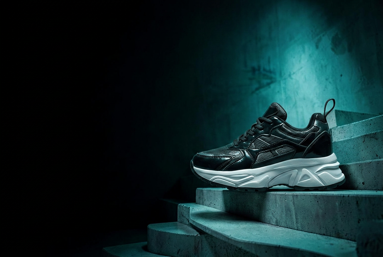 Black and white statement sneaker displayed on architectural steps