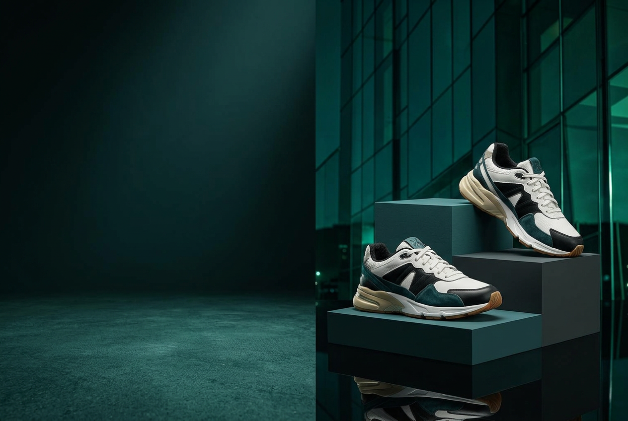 Pair of premium sneakers arranged on modern display blocks